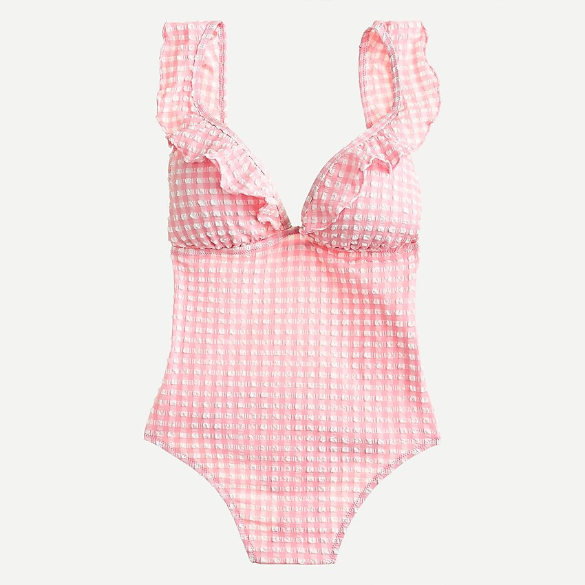 Ruffle plunging V-neck one-piece swimsuit in puckered gingham | J. Crew US