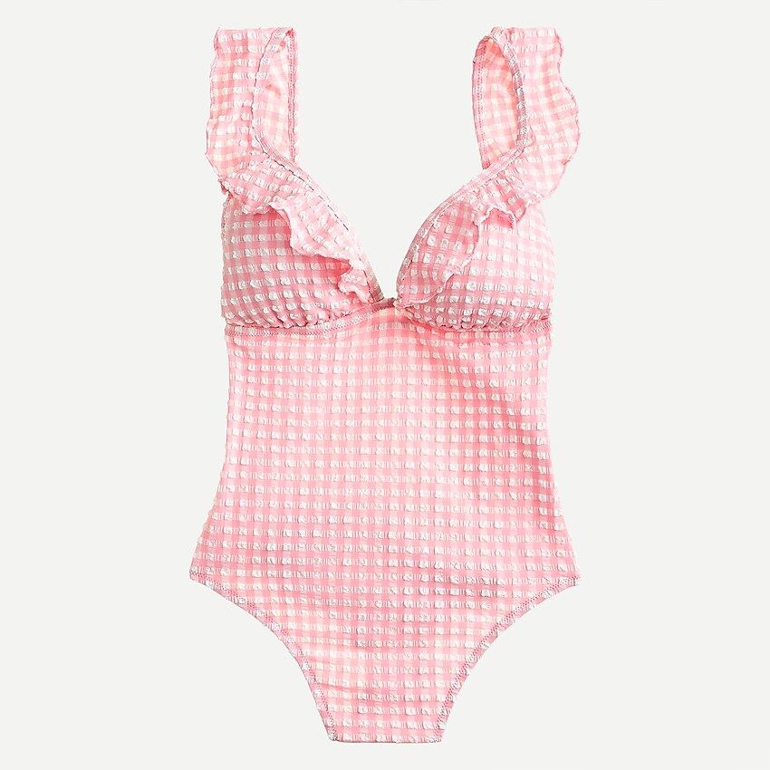 Ruffle plunging V-neck one-piece swimsuit in puckered gingham | J.Crew US