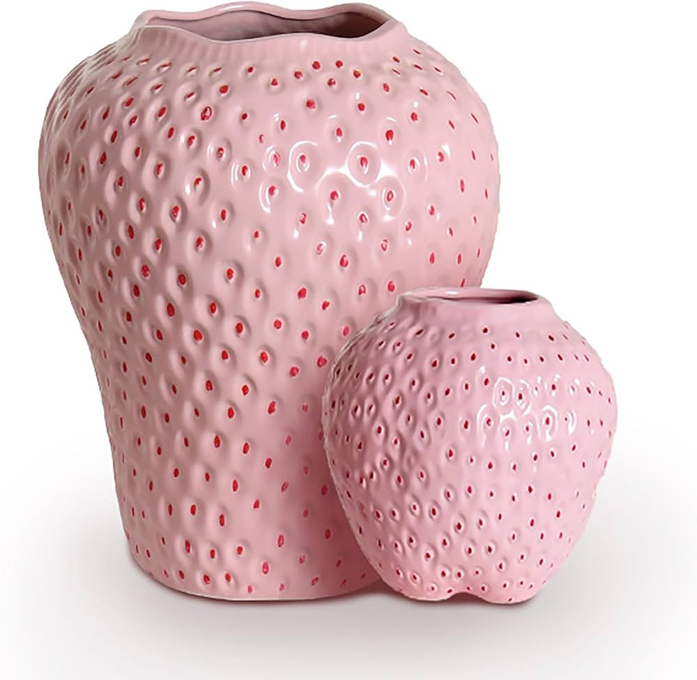 2Pcs Pink Strawberry Vase Aesthetic Decor-Vintage Ceramic Flower Vase, Strawberry Decorations for... | Amazon (US)