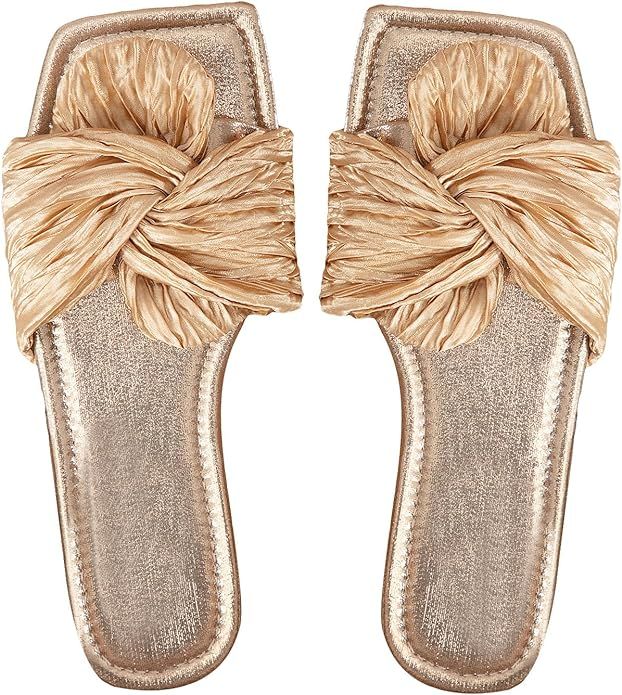 OYOANGLE Women's Metallic Twist Front Open Toe Flat Sandals Fashion Slide Sandals | Amazon (US)