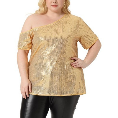 Agnes Orinda Women's Plus Size Sequin Sparkly One Shoulder Short Sleeve Party Blouses Gold 3X | Target