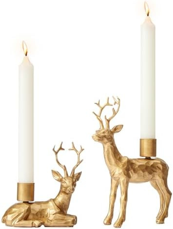 DN DECONATION Reindeer Christmas Decor Candle Holders Set of 2 – Gold Deer Taper Candlestick Ho... | Amazon (US)