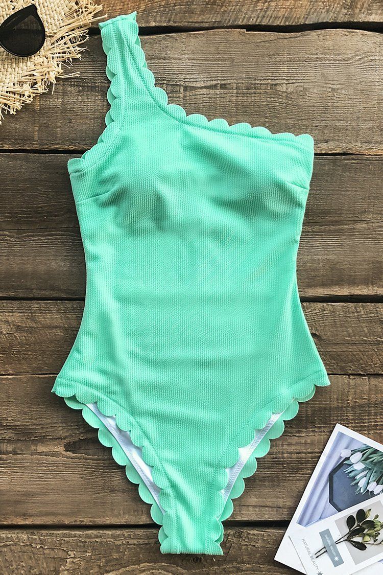 Aqua Scallop One-Shoulder One-Piece Swimsuit | Cupshe