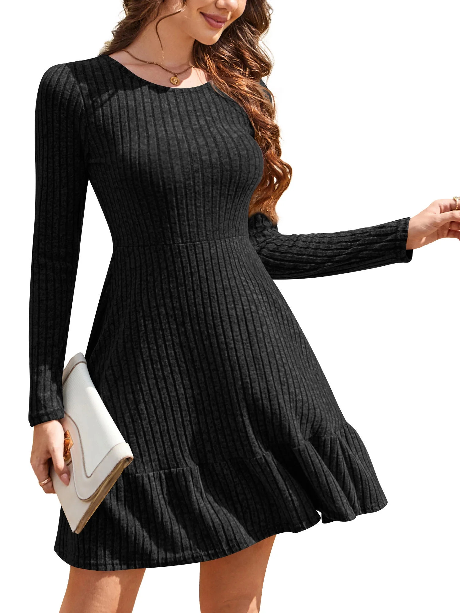 Fancyglim Women Sweater Dresses Casual Long Sleeve Crew Neck Fall Winter Ruffle Flowy Dress Black... | Walmart (US)