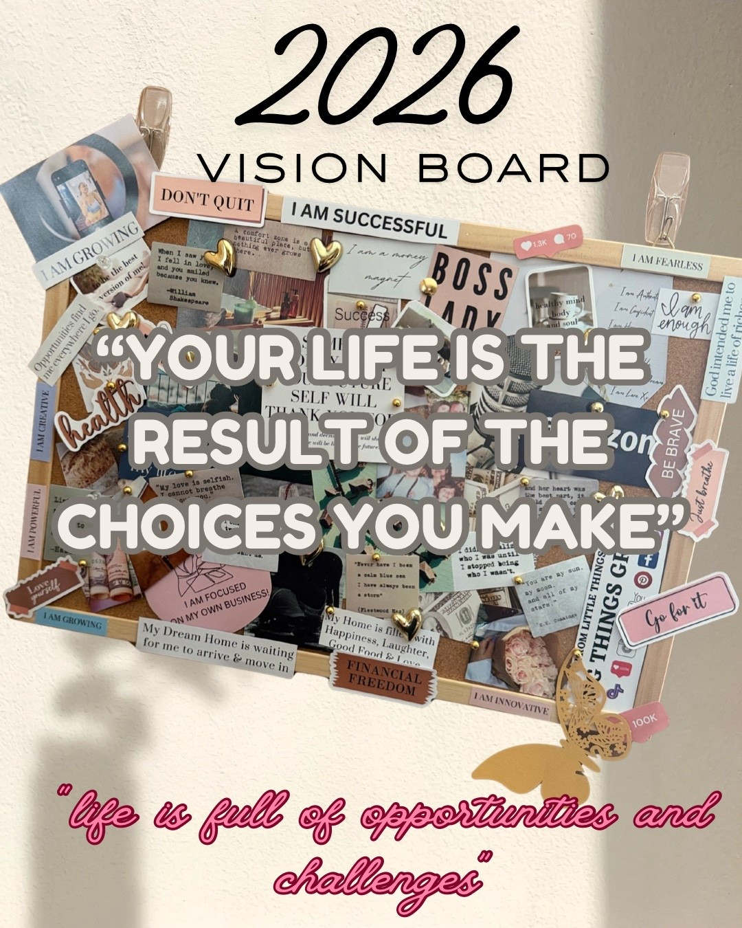 Finally hung up my vision board and I am loving it. I wanna just spruce up the wall now. I do have some things I want to add and maybe get a prettier board but here are all the things that I used.
