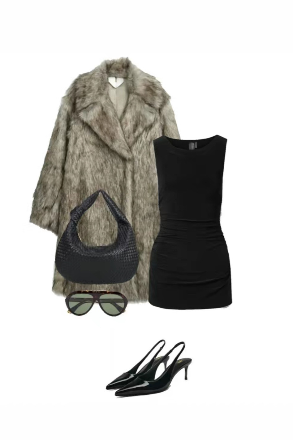 Cool girl 
Fur coat 
Quilted bag 
Green sunglasses 
Black heels 
Black dress
Little black dress 