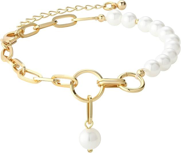 Gold Pearl Bracelets for Women - 16K Chain Paperclip Charm Dainty Bracelet Pearl Chain and Thick ... | Amazon (US)