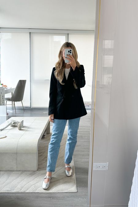 blazer and jeans outfit - also linked other ballet flats 

metallic ballet flats, Abercrombie 90s jeans, black blazer, simple diamond earrings, business casual, office outfit, 

#LTKMostLoved #LTKshoecrush #LTKworkwear

#LTKWorkwear #LTKShoeCrush #LTKSeasonal