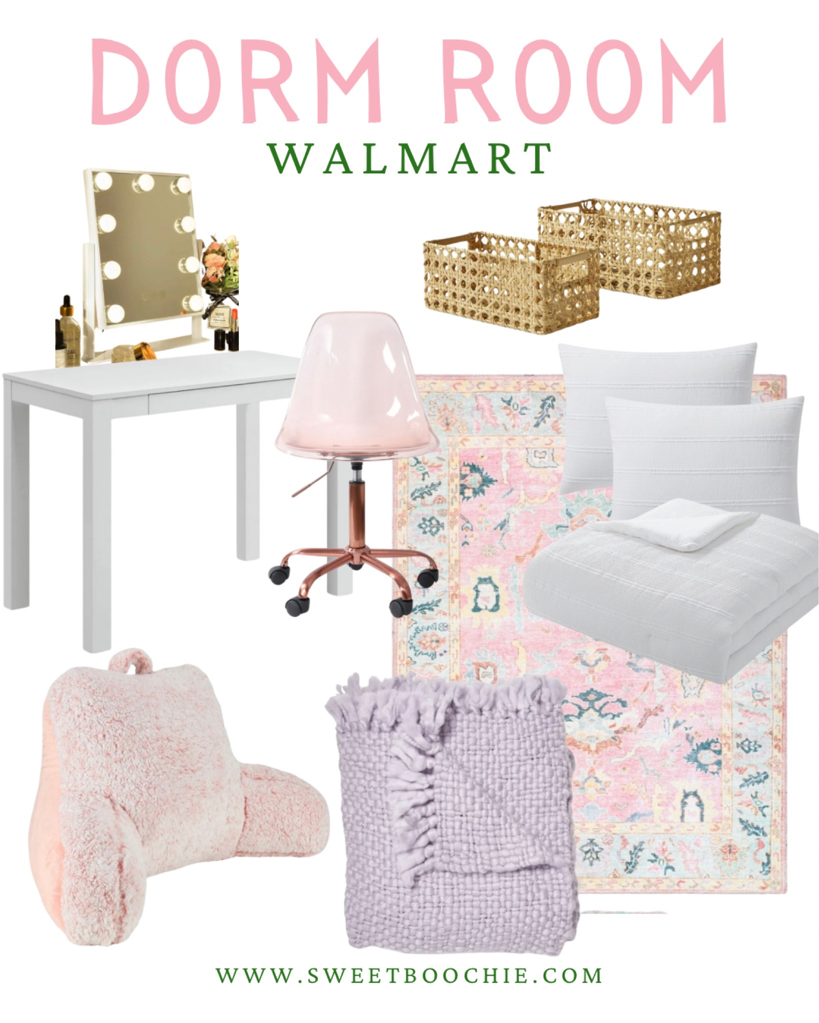 Dorm room essentials from Walmart. 
White bedding, twin xl, lavender throw blanket, desk, desk chair, storage baskets, bed rest pillow 

#LTKStyleTip #LTKHome #LTKBacktoSchool