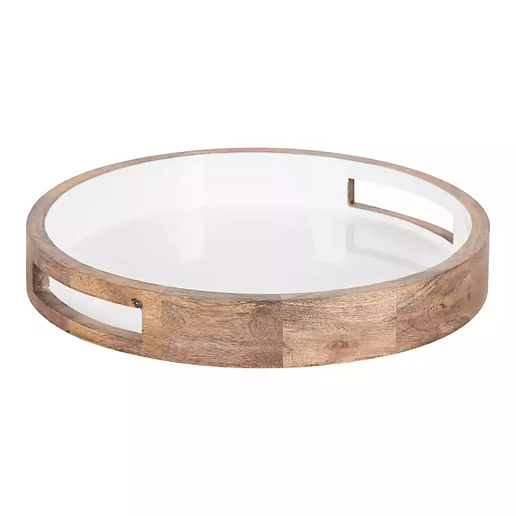 New! White Enameled Round Mango Wood Tray | Kirkland's Home
