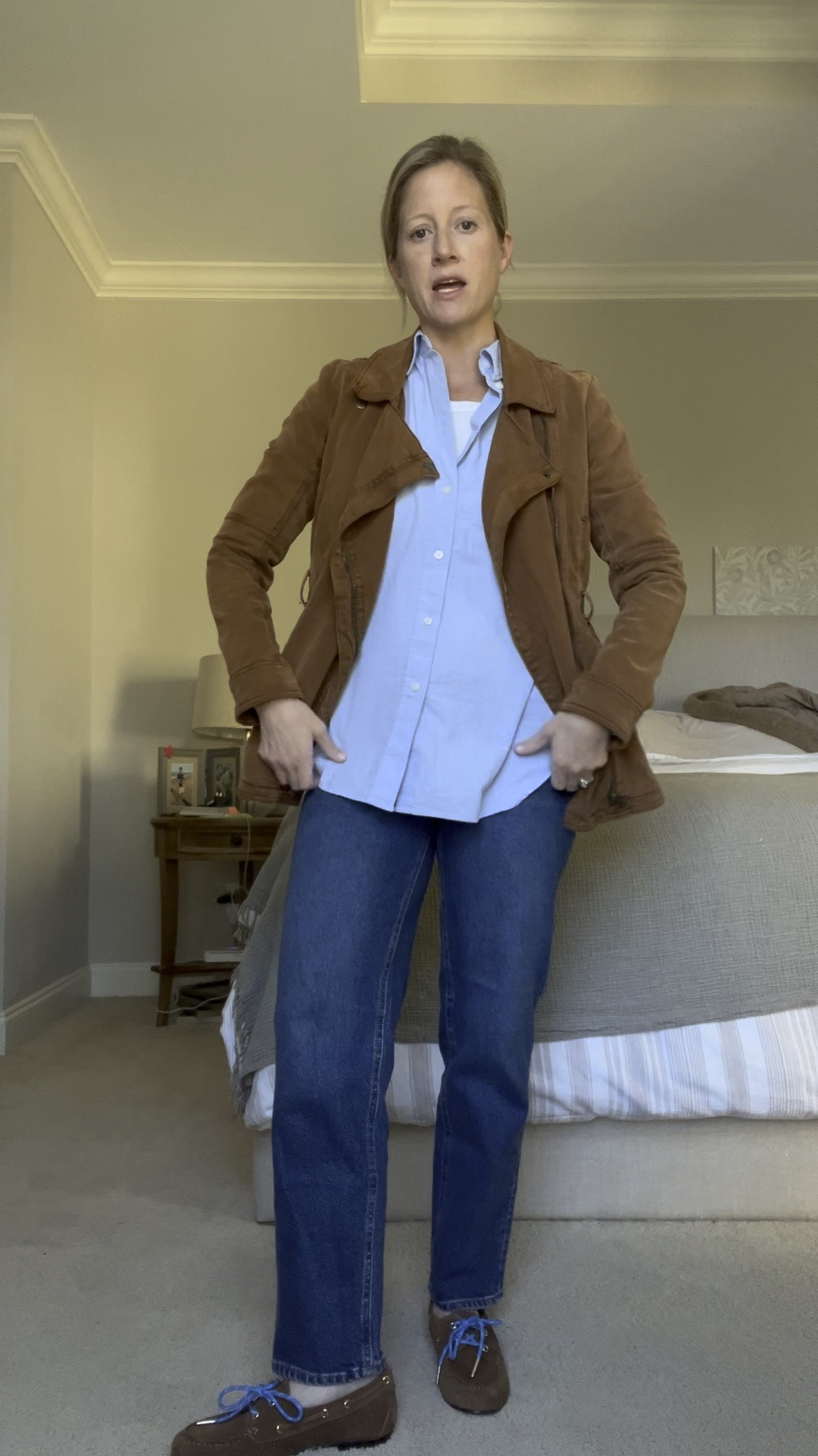 fall outfit - casual fall outfit - baby blue oversized buttondown - brown fall jacket - mom outfit - casual style - maternity jeans - suede boat shoes 

#LTKSeasonal #LTKWorkwear