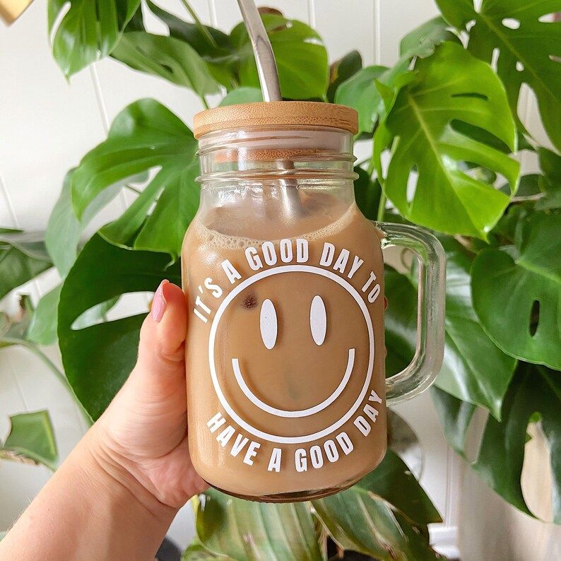 Good Day Smiley Mason Jar Iced Coffee Cup  Glass Coffee Cup  | Etsy | Etsy (US)