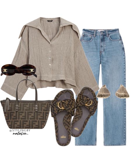 Waffle knit collared shirt, high rise loose jeans, fendi slides, fendi shopper bag, celine sunglasses & gold earrings.
Summer outfit, linen top, sandals, neutral outfit, casual look, everyday style.

#LTKstyletip #LTKeurope #LTKshoes