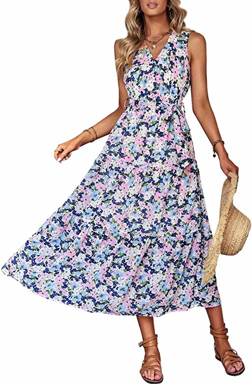 CECEVE Summer Dress Wrap V Neck Spring Wedding Guest Dresses for Women Floral Midi Cocktail Dress | Amazon (US)