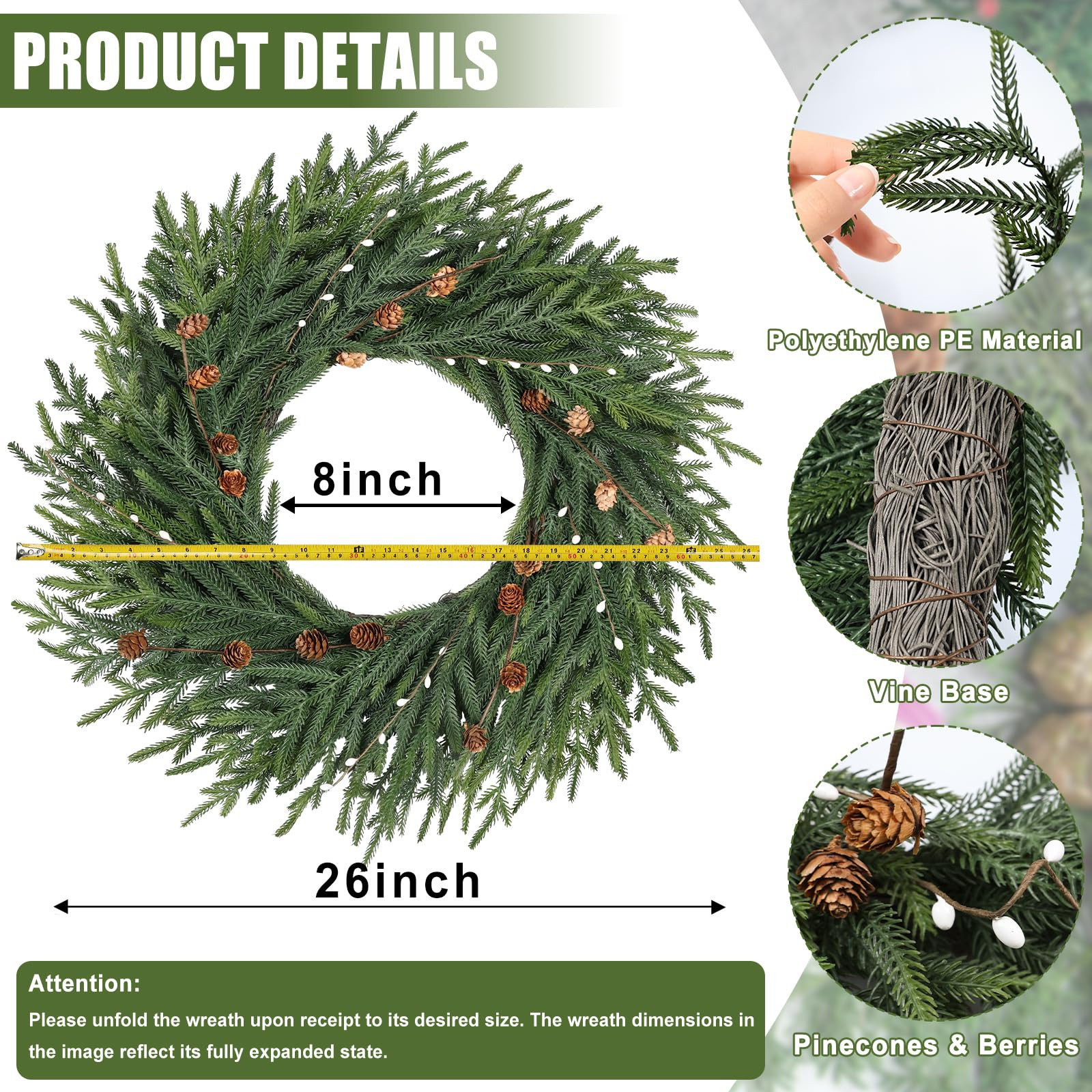 Artgar 26 Inch Pine Wreath - Christmas Wreaths for Front Door - Real Touch Pine Wreath with Pinec... | Amazon (US)
