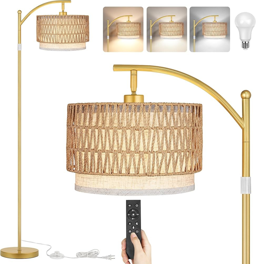 Rattan Floor Lamps for Living Room, Boho Standing Lamps with Rattan& Linen Double Shades, Arc Lam... | Amazon (US)