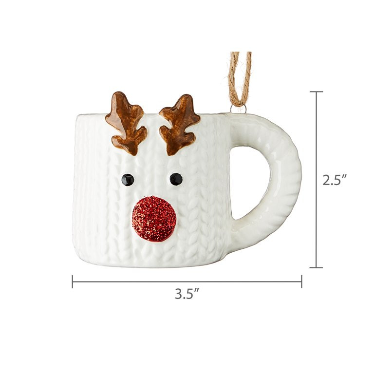 White, Brown, and Red Ceramic Reindeer Mug Christmas Ornament, 3.5", by Holiday Time | Walmart (US)