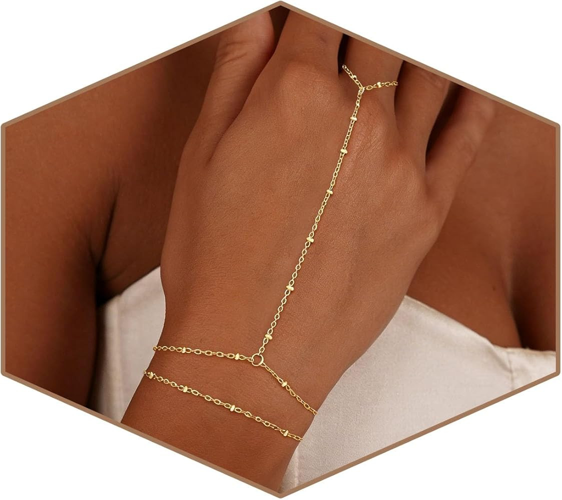Gold Bracelets for Women Trendy, Dainty Gold Hand Chain Bracelet Stack 14k Gold Plated Finger Rin... | Amazon (US)