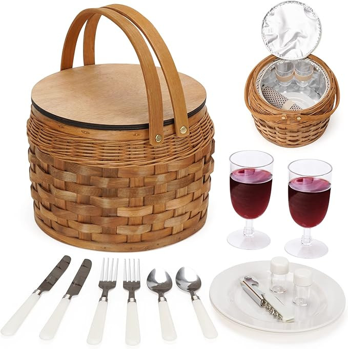 Small Picnic Baskets with Insulated Cooler, Picnic Basket Hamper for 2, Woodchip Wicker Basket, I... | Amazon (US)