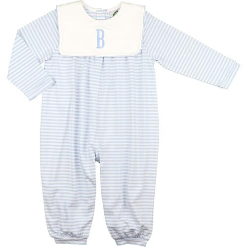 Blue Knit Stripe Square Collar Long Romper | Cecil and Lou