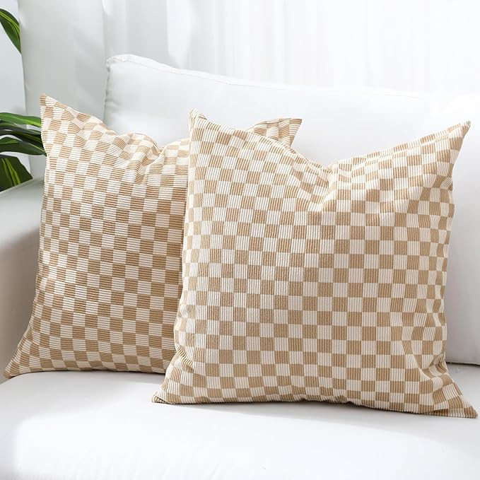 Corduroy Pillow Cover, Pack of 2 Checkerboard Throw Pillows, Khaki and Beige Soft Checkered Throw... | Amazon (US)