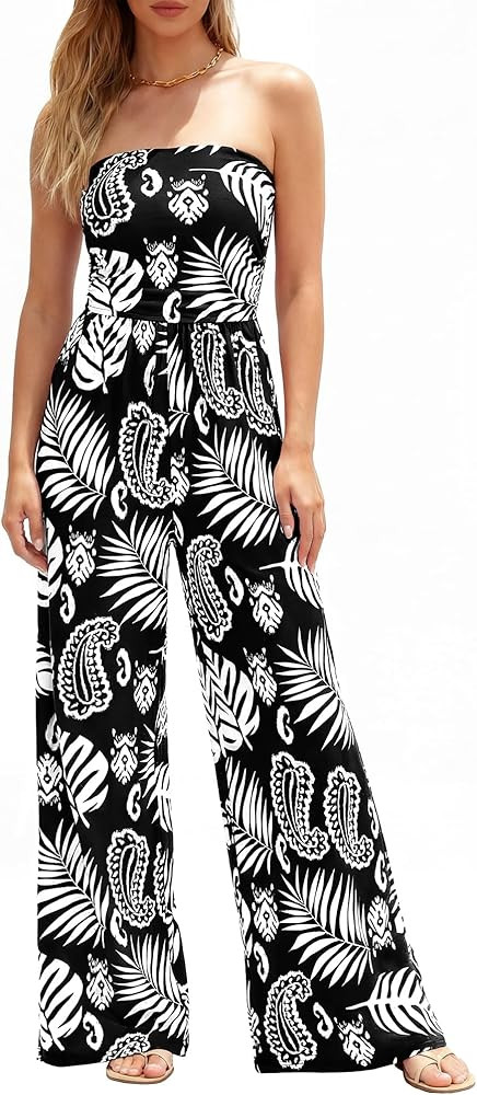 BTFBM Jumpsuits For Women Casual 2026 Floral Strapless Jumpsuit Wide Leg Rompers Beach Vacation C... | Amazon (US)