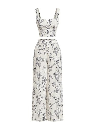 WDIRARA Women's 2 Piece Set Floral Sleeveless Tank Top High Waisted Wide Leg Pants Outfits Multicolor X-Small | Amazon (US)