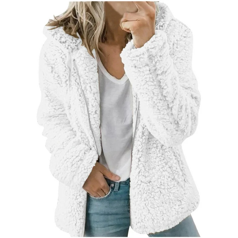 HTNBO Casual Fall Long Zipper Jackets for Women Solid Color Outerwear Warm Long Sleeve Fuzzy Wint... | Walmart (US)