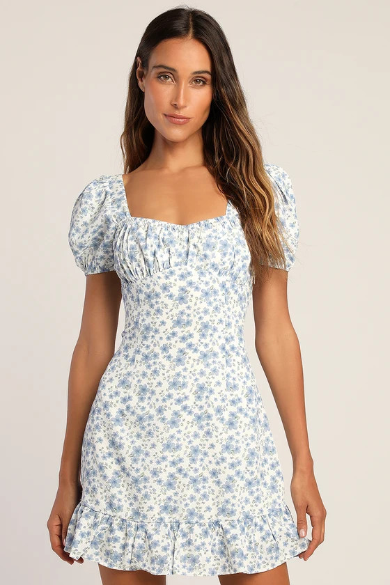 Botanical Blooms White Floral Puff Sleeve Lace-Up Mini Dress | Lulus (US)