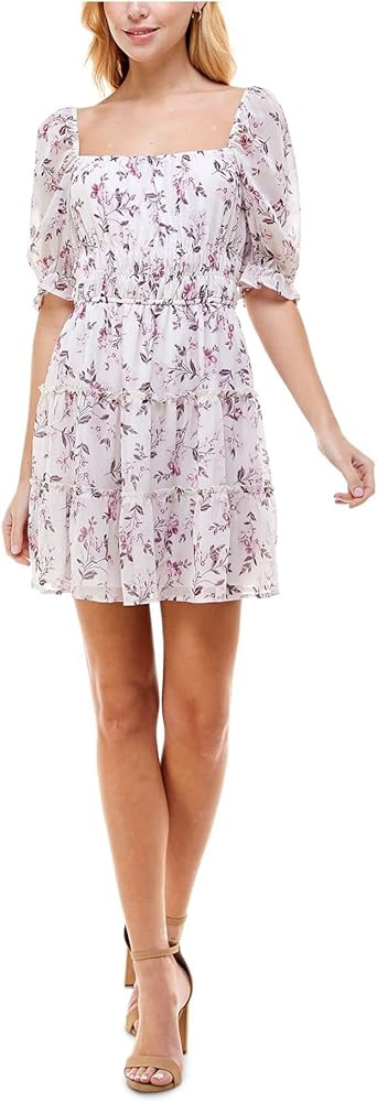 Womens Sheer Elbow Puff Sleeve Tiered Elbow Sleeve Square Neck Short Party Fit + Flare Dress | Amazon (US)