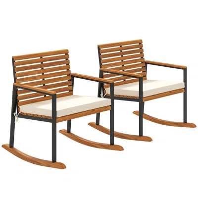 Outdoor Rocking Chair Set of 2, Acacia Wood Outdoor Rockers with Armrests, Cushion, Patio Wooden Rocking Chair Set for Garden, Balcony, Porch, 353 lbs | Wayfair North America