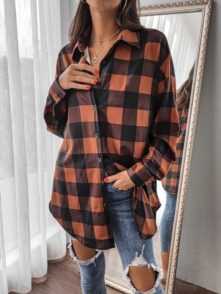 Buffalo Plaid Drop Shoulder Top | SHEIN