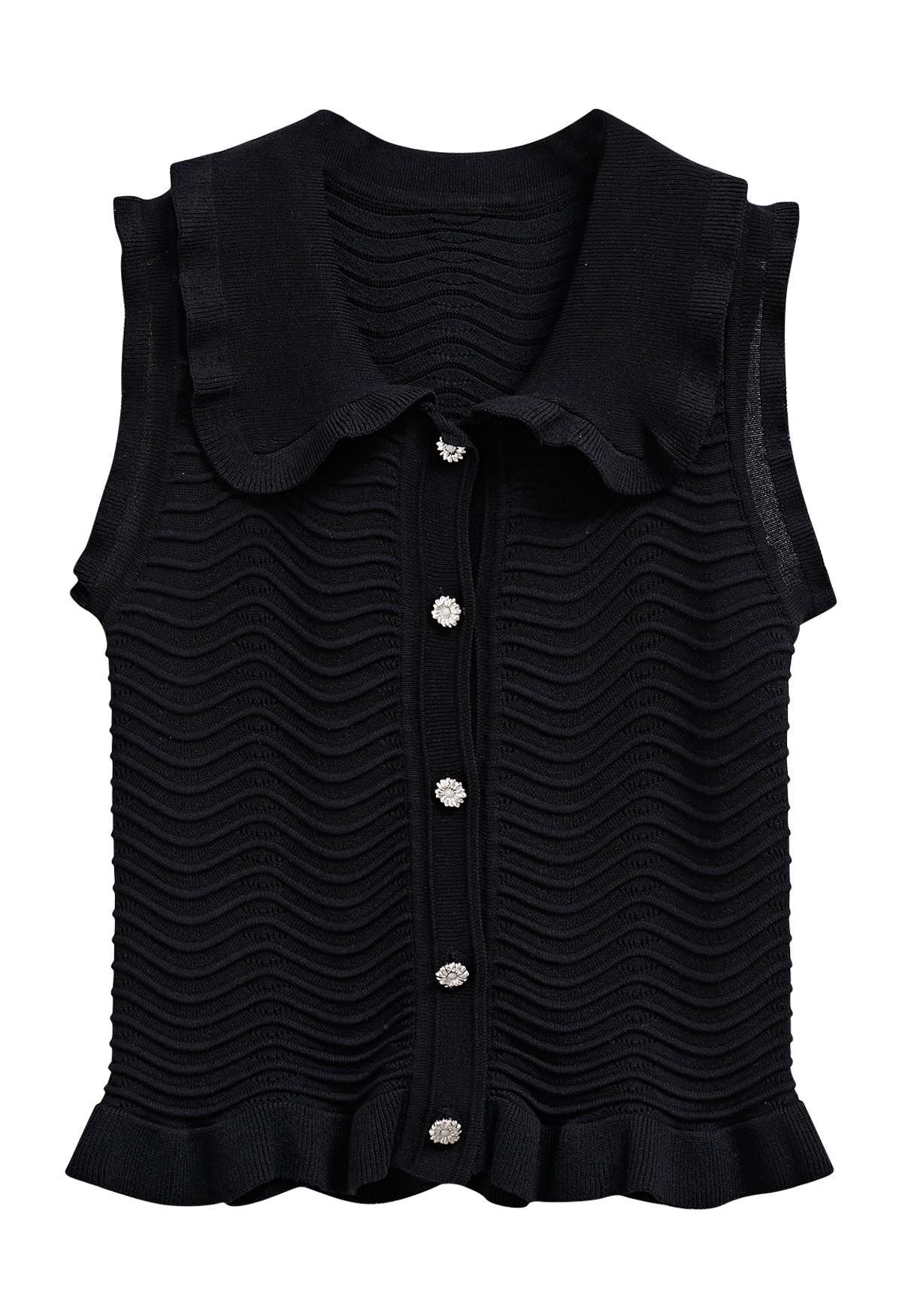 Ruffle Edge Wavy Pointelle Knit Top in Black | Chicwish