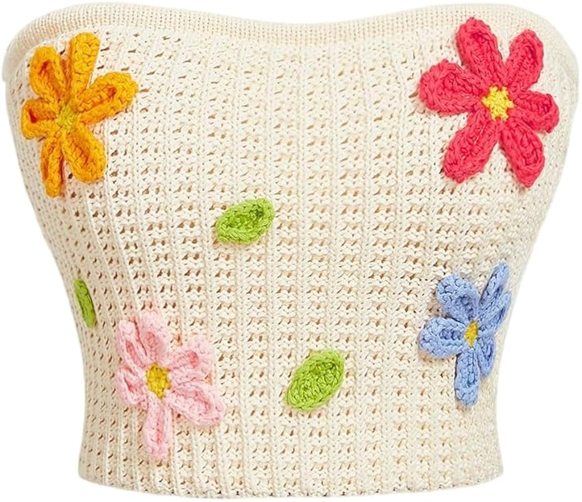 MakeMeChic Women's 3D Crochet Flower Knit Sleeveless Strapless Knitted Top Knitted Tube top Bandeau top | Amazon (US)