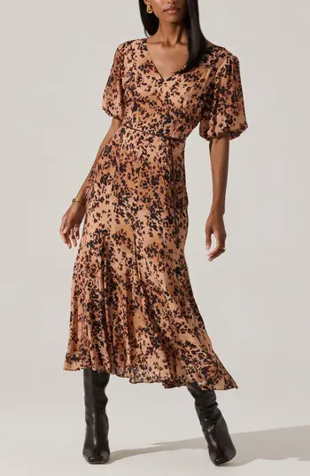 ASTR the Label Lavena Leopard Puff Sleeve Midi Dress in Taupe Leopard Print at Nordstrom Rack, Size Small | Nordstrom Rack