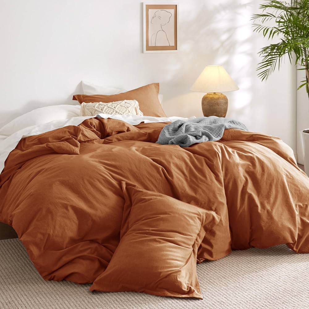 Bedsure 100% Washed Cotton Duvet Cover Queen - Terracotta Minimalist Cotton Duvet Cover Set Linen... | Amazon (US)