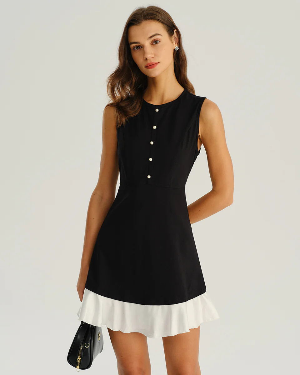 Black Contrasting A-Line Sleeveless Mini Dress | rihoas.com