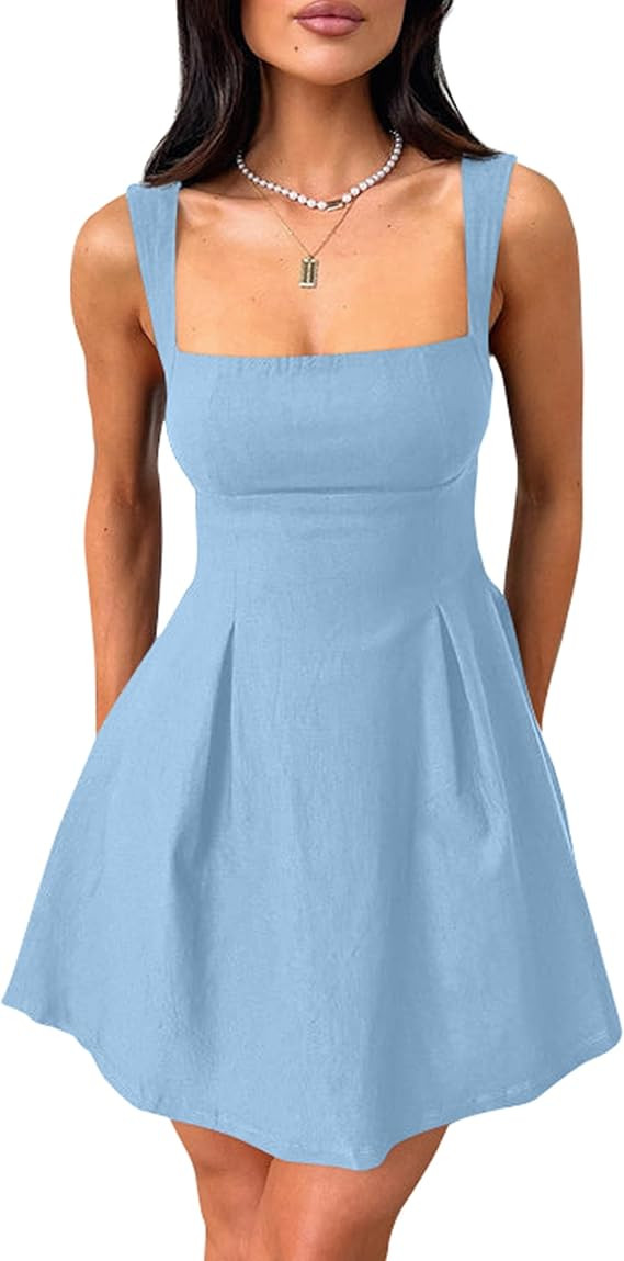 YMDUCH Women's Sexy Sleeveless Square Neck Adjustable Straps Bow Tie A-line Mini Party Club Dress | Amazon (US)