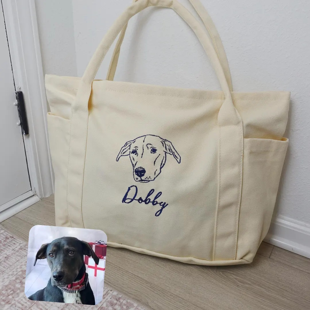 Embroidered Pet Portrait Tote Bag: Custom Dog or Cat Canvas Totes, Large Canvas Totebag, Pet Face... | Etsy (US)