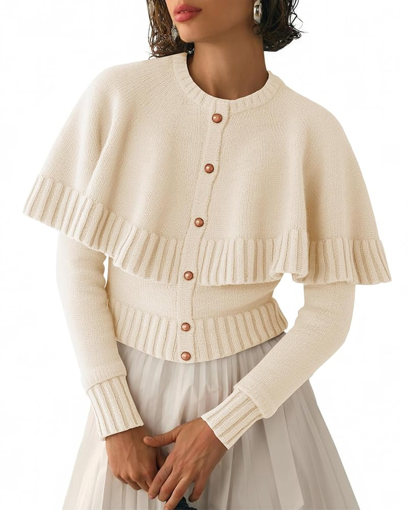 Saodimallsu Womens Cropped Cardigan Sweater Long Sleeve Fall Knit Cape Sweaters Button Up Trendy ... | Amazon (US)