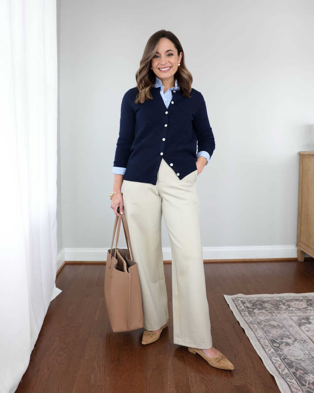 Three ways to wear the high rise wide leg Banana Republic Factory Ponte pants for work! 

Pants (BR Factory): petite xxs - 27.5” inseam in petite 

Outfit 1:
Top (J.Crew Factory): petite xxs
Navy Cardigan (Quince): xs 
Tote bag (Quince)
Flats: tts

Outfit 2:
White Blazer (J.Crew Factory): petite 00
Top (Kohl’s): xs 
Shoes (Sam Edelman): true to size

Outfit 3:
Satin Top (WHBM): xxs 
Shoes (Sam Edelman): tts - cyprus tan

My measurements for reference: I’m 4’10” and 105lbs. My bust, waist, and hip measurement is 32”, 24”, and 36”.

#LTKSaleAlert #LTKPetite #LTKWorkwear