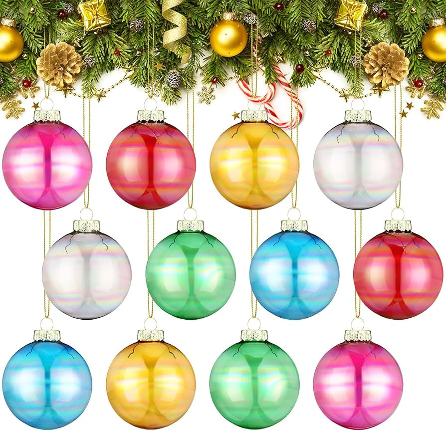12 Pcs Christmas Glass Ball Ornaments 2.36 Inch Multicolor Iridescent Glass Hanging Ornaments Shi... | Amazon (US)
