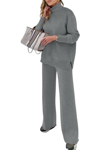 ANRABESS Womens 2 Piece Outfits Turtleneck Matching Lounge Set Sweater Top Wide Leg Pants Fall Cozy Knit Sweatsuit Loungewear Grey Small | Amazon (US)