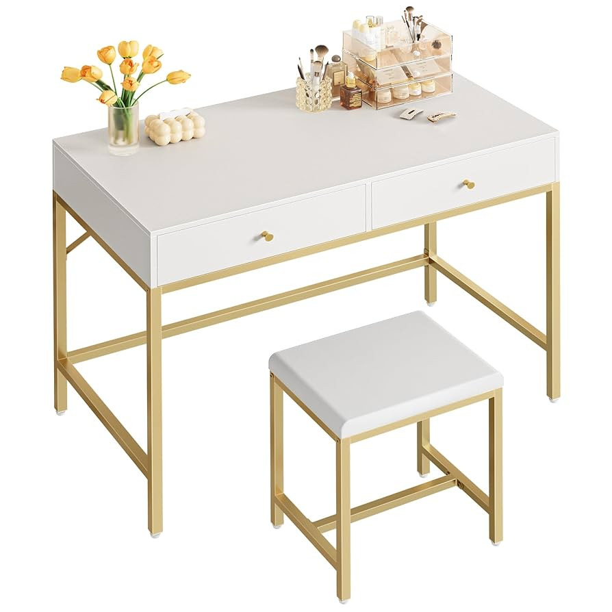 SUPERJARE 35.4" White and Gold Desk with 2 Drawers, Modern Makeup Vanity with Padded Stool, Small... | Amazon (US)