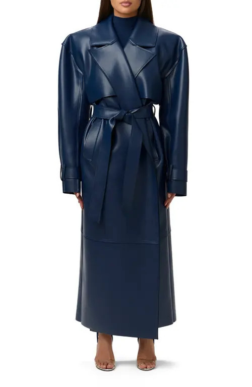 Naked Wardrobe Faux Leather Trench Coat in Navy Blue at Nordstrom, Size Small | Nordstrom