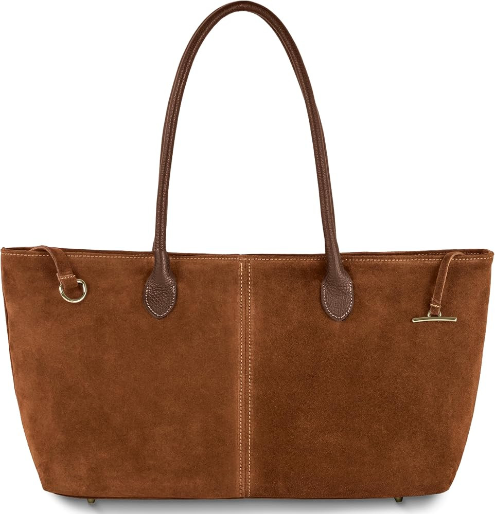Italian Genuine Suede Tote Bag for Women with Long Handles & Relaxed Silhouette | Medium Designer... | Amazon (US)