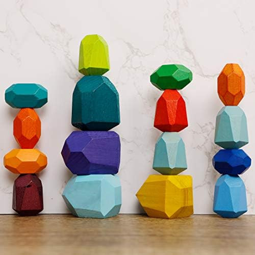 Cllayees 16 Pcs Wooden Stacking Blocks Rocks Building Toys, Colored Solid Wood Stones Pre-School ... | Amazon (US)