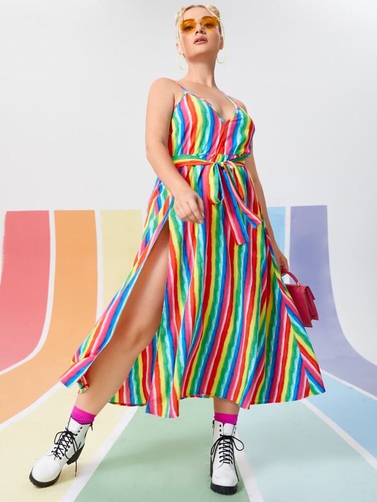 Plus Rainbow Stripe Side Split Cami Dress | SHEIN