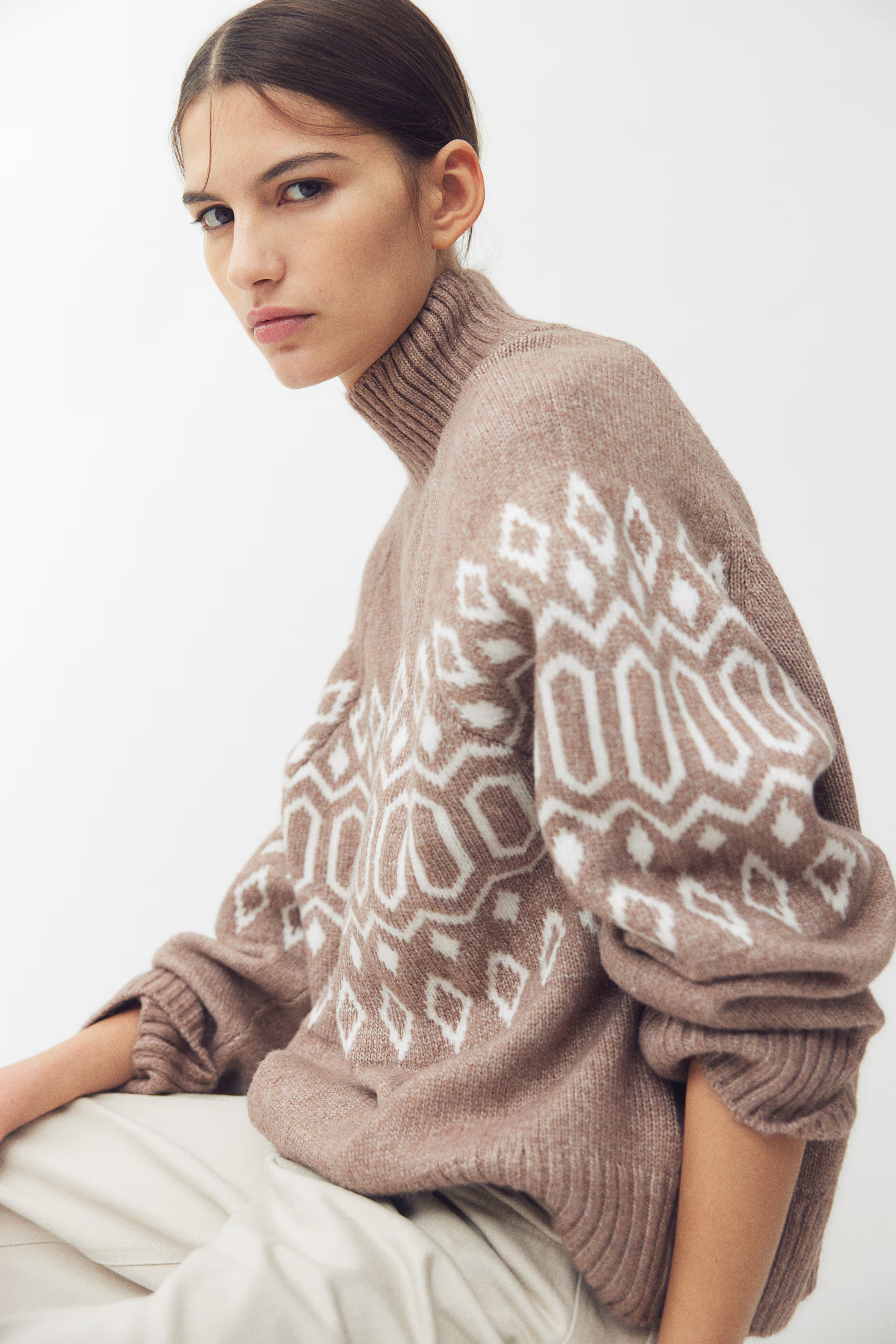Jacquard-knit turtleneck jumper - Greige marl - Ladies | H&M GB | H&M (UK, MY, IN, SG, PH, TW, HK)