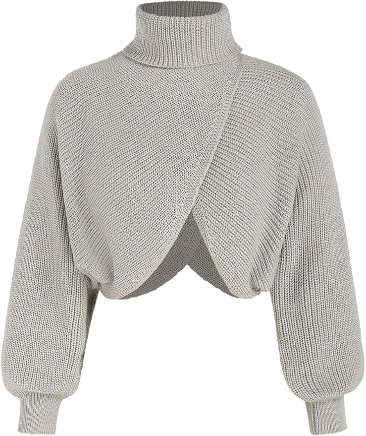 CIDER Cropped Sweaters for Women Turtleneck Long Sleeve Fall Sweaters Chunky Ribbed Knit Lantern ... | Amazon (US)